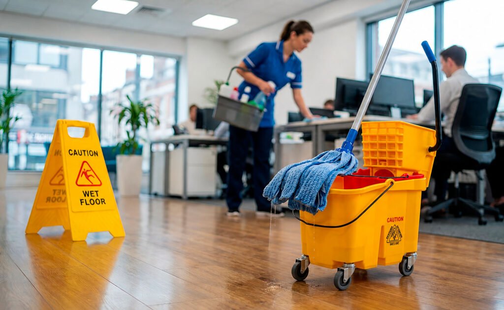 Limpeza de escritório corporativo em horário de trabalho, com carro espremedor e sinalização de piso molhado