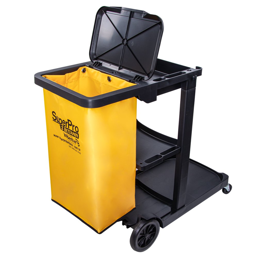 SuperPro Portugal | SuperPro Portugal SuperPro Portugal CARRO FUNCIONAL PRO CLEAN CARRO FUNCIONAL PRO CLEAN CARRO FUNCIONAL PRO CLEAN DIMENSÕES 1112 x 470 x 990mm COMPOSIÇÃO POLIPROPILENO (PP) PESO 10,8 kg BOLSA EM VINIL CAPACIDADE 60L NCM 8716.80.00 DIMENSÕES EMBALAGEM 880 X 260 X 490mm PESO BRUTO 11,2 kg VOLUME 112.112 EAN 7908057012942 DUN 17908057012949 | 135 Carro funcional Pro Clean preto com bolsa de vinil amarela, tampa articulada e prateleiras, SuperPro Bettanin, referência SP9162PR