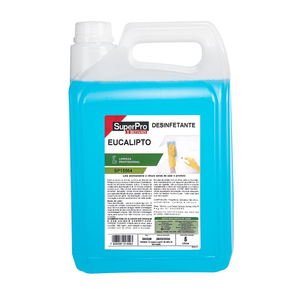 SuperPro Portugal | SuperPro Portugal SuperPro Portugal DESINFETANTE EUCALIPTO 5L DESINFETANTE EUCALIPTO 5L DESINFETANTE EUCALIPTO 5L FICHA TÉCNICA MEDIDAS 185 X 140 X 285mm MEDIDAS DA EMBALAGEM 280 X 185 X 290 mm QUANTIDADE POR EMBALAGEM 2 UN POR FARDO PESO BRUTO 10,75kg PESO LIQUIDO 10,6 kg VOLUME 0,0215 m3 COMPOSIÇÃO Tensoativo catiônico, tensoativo não inônico, corante, essência e veículo. Ing. Ativo: Cloreto de Alquil Dimetil Benzil Amonio/Cloreto de Didecil Dimetil Amonio:0,55% p/p TEMPO DE CONTATO 10 min MODO DE USO Para limpezas gerais de superfícies aplicar o Desinfetante na seguinte diluição: 1:30. Aplicar com auxílio de uma escova ou esponja. Use luvas de látex para limpeza. Para desinfecção: aplique Desinfetante SuperPro puro sobre a superfície e deixe agir por no mínimo 10min. Certifique-se que a superfície esteja limpa antes da desinfecção para potencializar a ação do produto gerando maior economia para você. EAN 7908057013093 DUN 17908057013090 | 161 Garrafão de 5 litros de desinfetante de eucalipto SuperPro Bettanin, referência SP15564