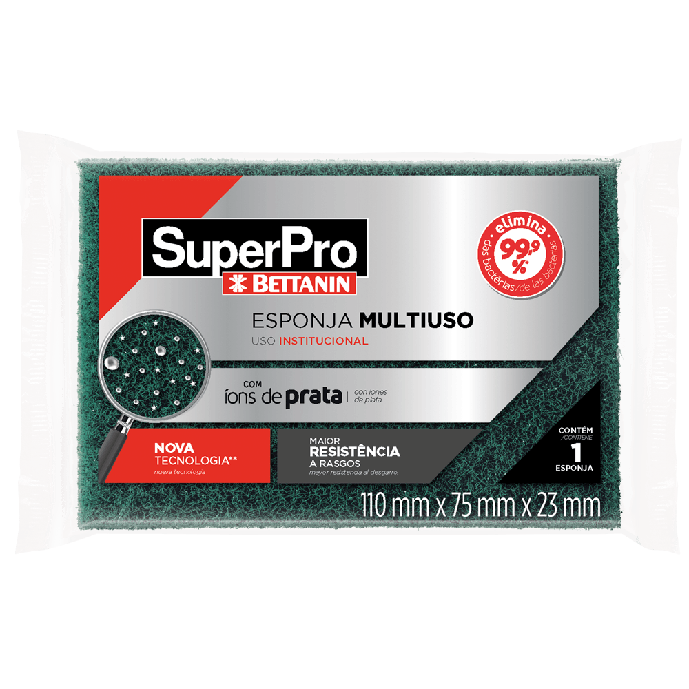 SuperPro Portugal | SuperPro Portugal SuperPro Portugal ESPONJA DUPLA FACE ESFREBOM 60UN ESPONJA DUPLA FACE ESFREBOM 60UN ESPONJA DUPLA FACE ESFREBOM 60UN Nova tecnologia no processo da espuma que compõe a esponja Multiuso Superpro, atribuindo ao produto maior resistência ao rasgo durante o uso em comparação a antiga formulação. Produto com tecnologia íons de prata, que eliminam 99,9% das bactérias no corpo da esponja. MEDIDAS 11 X 7,5 X 2,3 cm PESO PRODUTO 7,5 g DIMENSÕES DA EMBALAGEM 295 X 200 X 235 mm QUANTIDADE 60 UNIDADES PESO LÍQUIDO 0,58 kg PESO BRUTO 0,75 Kg ESPECIFICAÇÕES TÉCNICAS Embaladas Individualmente. Com tecnologia íons de prata, eliminando 99,9% das bactérias da esponja. PALETIZAÇÃO 4 X 4 + 5 CUBAGEM 0,0138m³ CLASSIFICAÇÃO FISCAL 68053090 COMPOSIÇÃO Fibra Sintética Com Abrasivo E Espuma De Poliuretano INDICAÇÃO DE USO Limpeza em geral EAN 7908057012058 DUN 17908057012055 | 110 Embalagem da esponja multiuso dupla face SuperPro Bettanin com iões de prata, referência SP94106/2