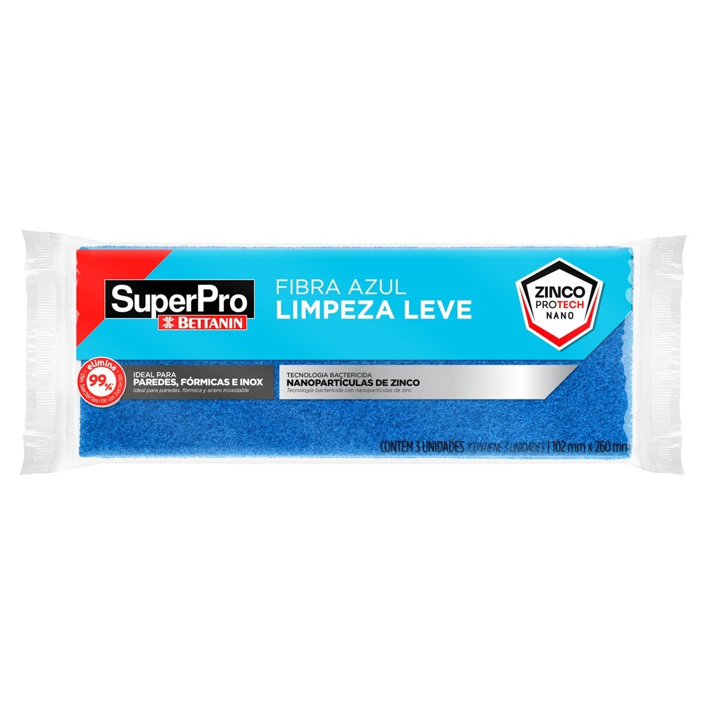 SuperPro Portugal | SuperPro Portugal SuperPro Portugal FIBRA LIMPEZA LEVE AZUL FIBRA LIMPEZA LEVE AZUL FIBRA LIMPEZA LEVE AZUL FIBRA LIMPEZA LEVE AZUL Resina à prova dágua. antiaderente. Indicado para limpezas delicadas, superfícies em teflon e industrias de laticínios. Produto não abrasivo. Medidas 10,2x26cm Medidas da Caixa 41.5x26.5x36cm Código de Barras 7898509286475 Quantidade cx.c/40pct. 3unid cada Código de Barras da Caixa 17898509286472 Peso Liquido 21 Peso Bruto 22 Classificação Fiscal 6805.30.90 Composição Poliester Indicação de Uso Produto sem abrasivo. Na cor azul, desenvolvida especialmente para o Laticínio facilitando a identificação da sujidade em tambores de leite. Resina a prova de água antiaderente. Laticínio: Limpeza de tambores de leite. Superfícies delicadas: Limpeza de acabamento de superfícies delicadas. Não risca. Ideal para limpeza de porcelana, louças, cristais, prataria, inox, etc. Pisos: Limpeza dos rejuntes de pisos, como cerâmica,azulejos, etc. Espessura Aprox.: 1,2cm Versão embalada da Fibra azul Ref. 9509 EAN 7898509286475 Dun 17898509286472 Bruto 2.200 g Liquido 1.920 g Dimensões produto 26 X 10,2cm Especificações técnicas Gramatura de 575 g/m2 Quantidade por embalagem 40 Cubagem 0,039591 Dimensões da embalagem 360 x 265 x 415 Aplicação Indicada para limpeza leve de superficies em geral, como paredes, formica, inox, teflon, etc. Nao risca, nem arranha superficies. Paletização 13 x 4 Validade Indeterminada | 100 Embalagem de três fibras de limpeza leve azuis SuperPro Bettanin, referência SP9509/3
