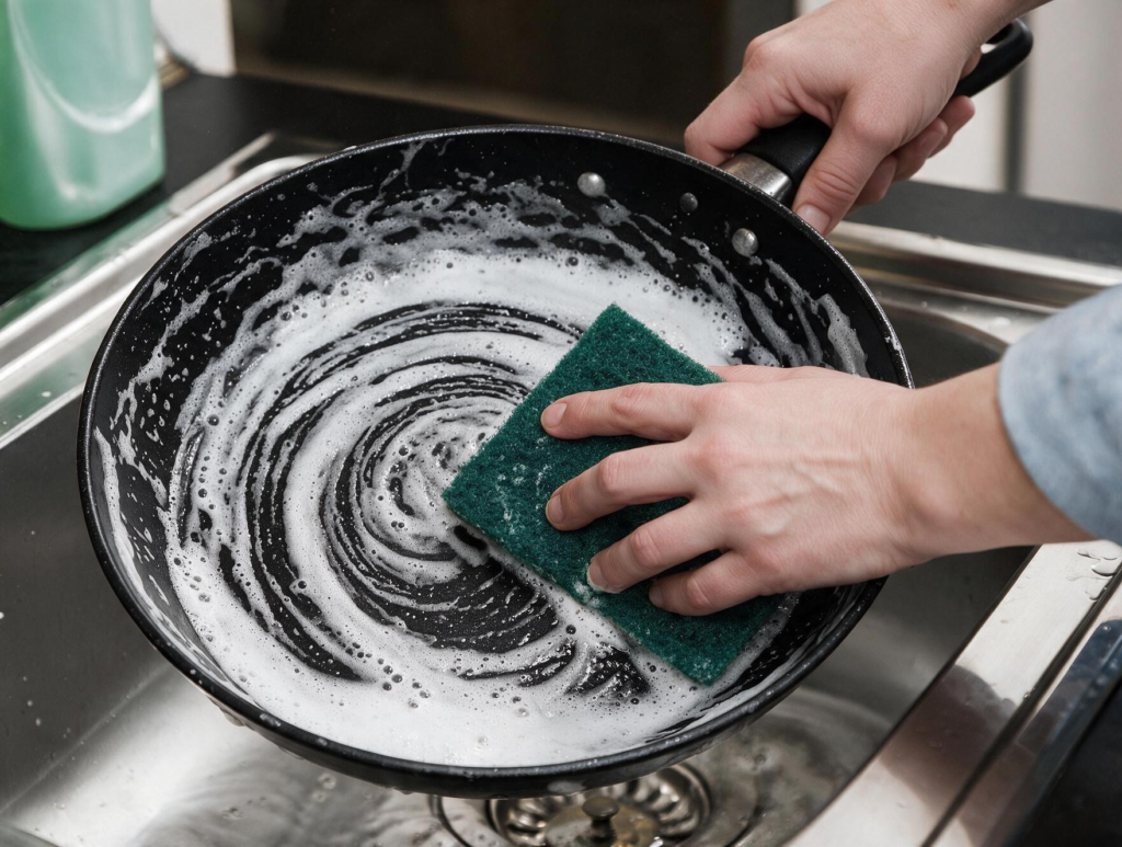Mãos a esfregar uma frigideira com fibra verde de uso geral numa banca em inox