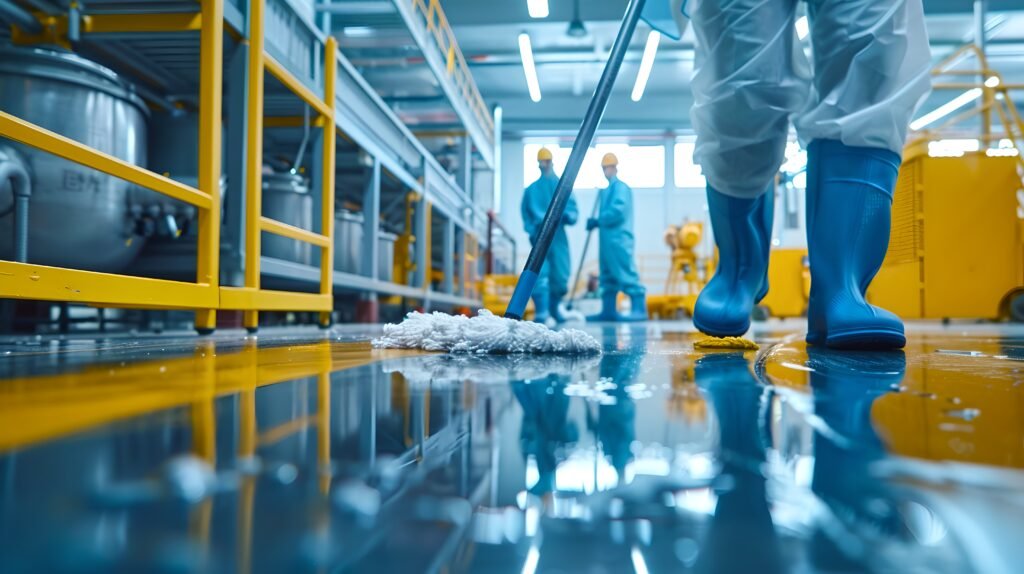 Operador de fato e botas a passar mopa no pavimento de uma unidade industrial, com equipamento fabril em segundo plano