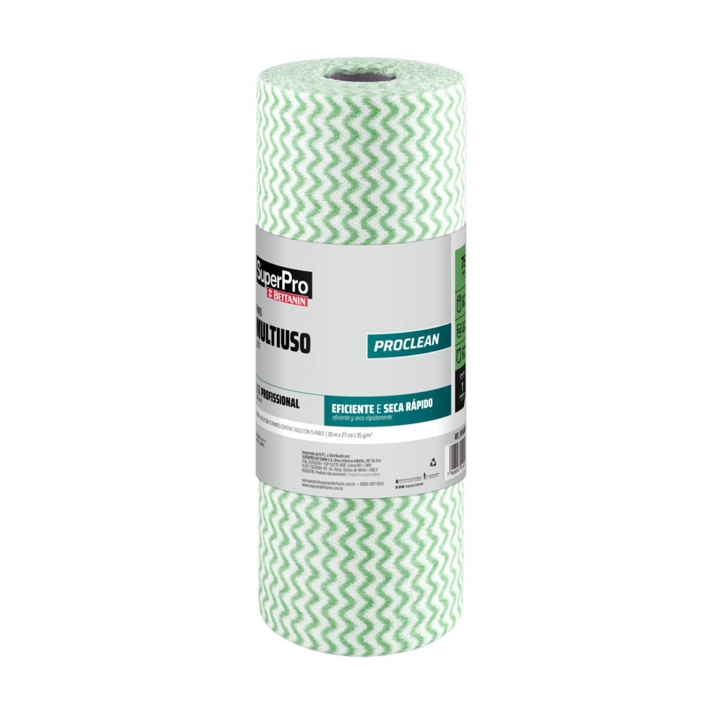 SuperPro Portugal | SuperPro Portugal SuperPro Portugal PANO MULTIUSO POLPA DE CELULOSE VERDE 35 g 30 m x 27 cm PANO MULTIUSO POLPA DE CELULOSE VERDE 35 g 30 m x 27 cm PANO MULTIUSO POLPA DE CELULOSE VERDE 35 g 30 m x 27 cm Pano multiuso de polpa de celulose, disponível nas cores azul, branco, laranja e verde. Possui 35 g/m², rolo de 30 metros, picote a cada 40 cm e rendimento de até 75 panos. Oferece secagem rápida, praticidade e excelente custo-benefício para diferentes ambientes. REFERENCIA SP352403VD PESO 285g DIMENSIONAL 30 m x 27 cm QUANTIDADE POR CAIXA 12 Unidade | 75 panos INDICAÇÃO DE USO Ideal para limpeza e higienização de superfícies em ambientes profissionais, como cozinhas, banheiros, áreas comerciais, industriais e institucionais. Pode ser utilizado para limpeza geral, remoção de sujeiras e secagem de superfícies. EAN 7908057014700 DUN 17908057014707 | 106 Rolo de pano multiuso de celulose verde SuperPro Bettanin ProClean, referência SP352403VD