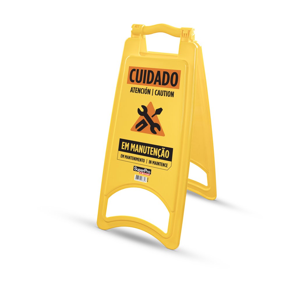 SuperPro Portugal | SuperPro Portugal SuperPro Portugal PLACA SINALIZADORA PLASTICA EM MANUTENCAO PLACA SINALIZADORA PLASTICA EM MANUTENCAO PLACA SINALIZADORA PLÁSTICA EM MANUTENÇÃO FICHA TÉCNICA MEDIDAS DA PLACA 62x28cm MEDIDAS DA CAIXA 30,5X62x13,5cm EAN 7898509283269 QUANTIDADE Cx. c/ 3 unidades DUN 17896001092473 PESO LIQUIDO PEÇA 0,804 PESO BRUTO EMBALAGEM 0,979 NCM 3926.90.90 VOLUME 25528.5 COMPOSIÇÃO Plástico PP INDICAÇÃO DE USO Possui grande durabilidade flexibilidade, leveza, resistência química e a impactos, resistência aos raios ultravioleta e, principalmente, auto-extinguível - não propagação de chamas. Além disso apresenta visual muito bonito, conferindo excelente acabamento às placas. | 160 Placa de sinalização amarela de área em manutenção, com aviso em português, espanhol e inglês, SuperPro Bettanin, referência 9247B