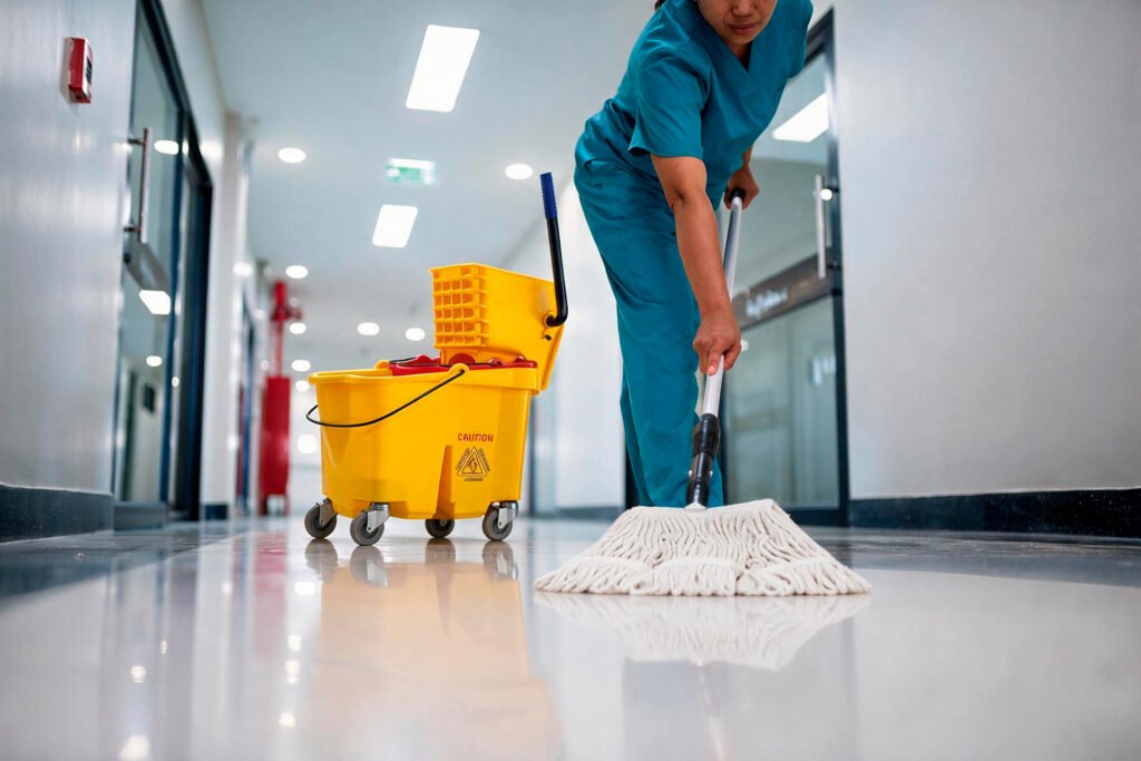 Profissional de limpeza a passar mopa num corredor hospitalar, com carro espremedor de duas águas ao lado