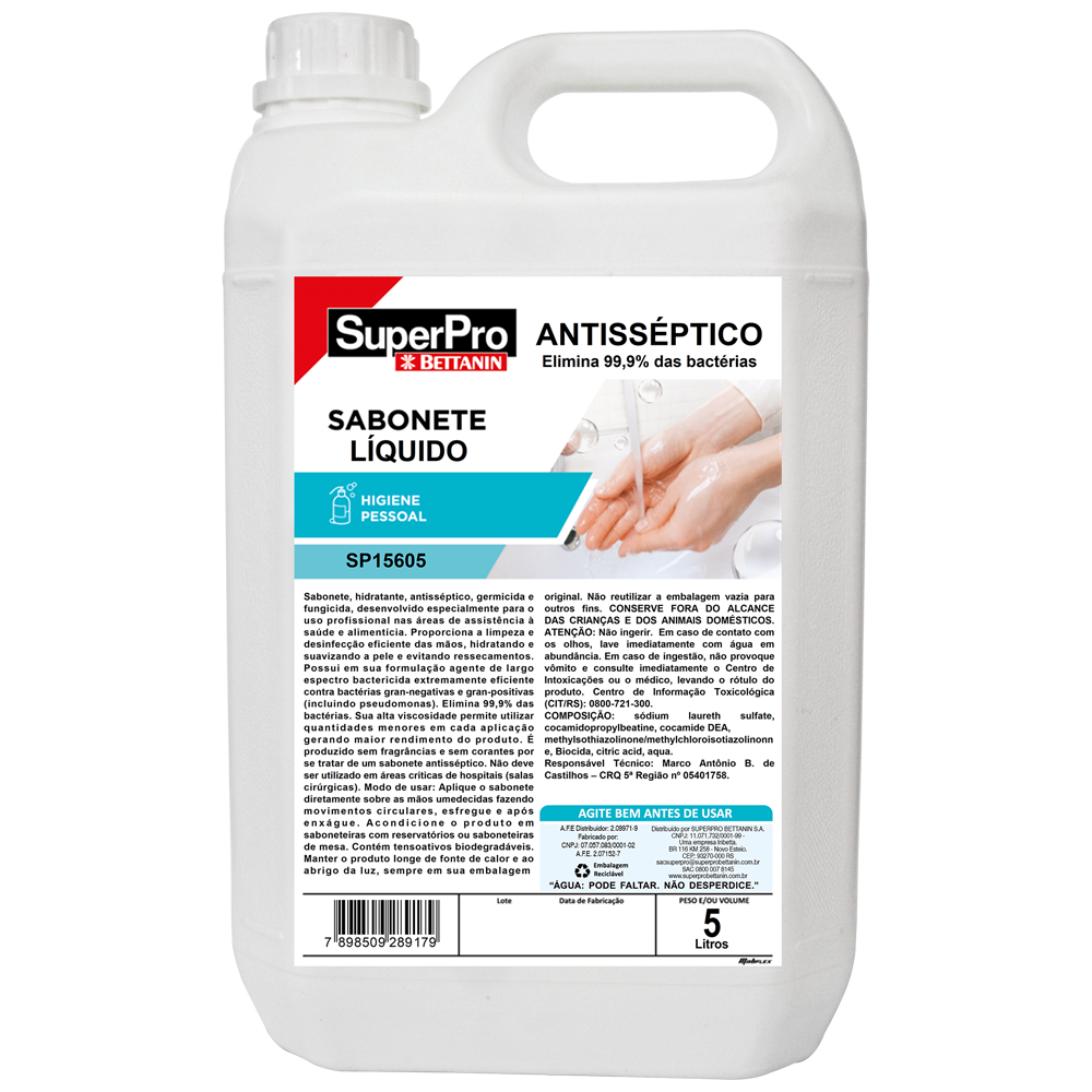 SuperPro Portugal | SuperPro Portugal SuperPro Portugal SABONETE LIQUIDO BACTERICIDA SABONETE LIQUIDO BACTERICIDA SABONETE LIQUIDO BACTERICIDA Sabonete líquido, desenvolvido com pH neutro para proporcionar uma limpeza eficiente e suave às mãos sem agredir a pele. Produto de uso diário indicado para limpeza e assepsia das mãos. Sua fórmula balanceada com tensoativos biodegradáveis limpa sem agredir a pele. FICHA TÉCNICA Medidas 185x140x285mm Medidas da Caixa 368x 278x 286 Peso Liquido 5,39 Peso Bruto 5,412 Classificação Fiscal 34013000 Volume 8400 Composição Cloreto de alquildimetil benzil amônio nonilfenol etoxilado; Indicação de Uso Indicado para ser usado em clínicas, hospitais e locais com alto requisito de eliminação de bactérias. EAN 7898509289179 DUN 17898509289176 VALIDADE 24 meses a partir da data de fabricação | 164 Garrafão de 5 litros de sabonete líquido para as mãos SuperPro Bettanin, referência SP15605