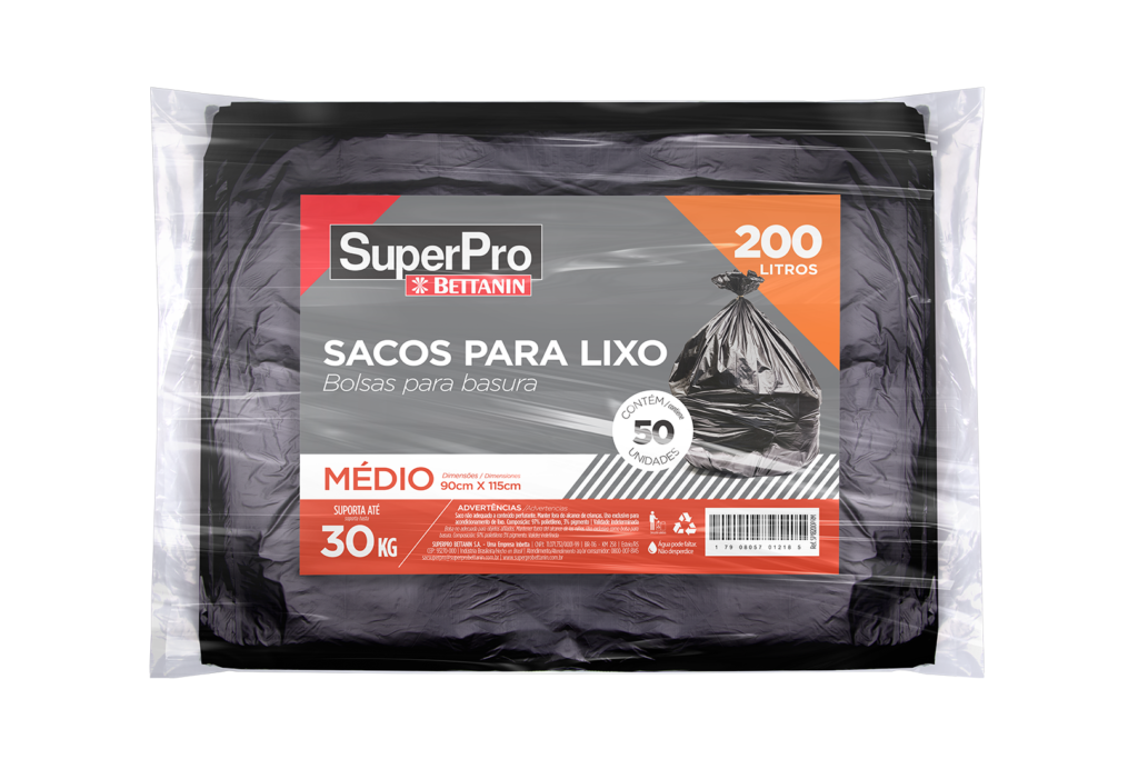 SuperPro Portugal | SuperPro Portugal SuperPro Portugal SACO PARA LIXO 200L MEDIO SACO PARA LIXO 200L MEDIO SACO PARA LIXO 200L MÉDIO Os Sacos para Lixo da SuperPro destacam-se por serem produzidos com matéria-prima virgem, garantindo maior resistência, qualidade e segurança no manuseio dos descartes. Com capacidade de 200L, o saco tem capacidade de resistência de 30Kg Ideal para uso institucional. FICHA TÉCNICA MATERIA-PRIMA PEAD, PEBD, PIGMENTO MICRAS 25 MICRAS ( 12,5 POR PAREDE) DIMENSÕES D PRODUTO 0,90X 1,15 m LITRAGEM 200 L QUANTIDADE 1 FARDO C/ 50 UNIDADES CUBAGEM 1700 APLICAÇÃO ARMAZENAGEM DE LIXO PALETIZAÇÃO 4X12 VALIDADE INDETERMINADA CARGA DE LEVANTAMENTO 30 kg PESO LIQUIDO PEÇA 1,215 kG PESO BRUTO 1,235 kg NCM 3923.21.90 EAN 7908057012188 DUN 17908057012185 | 154 Fardo de sacos pretos para resíduos de 200 litros SuperPro Bettanin, referência SP18200PRM