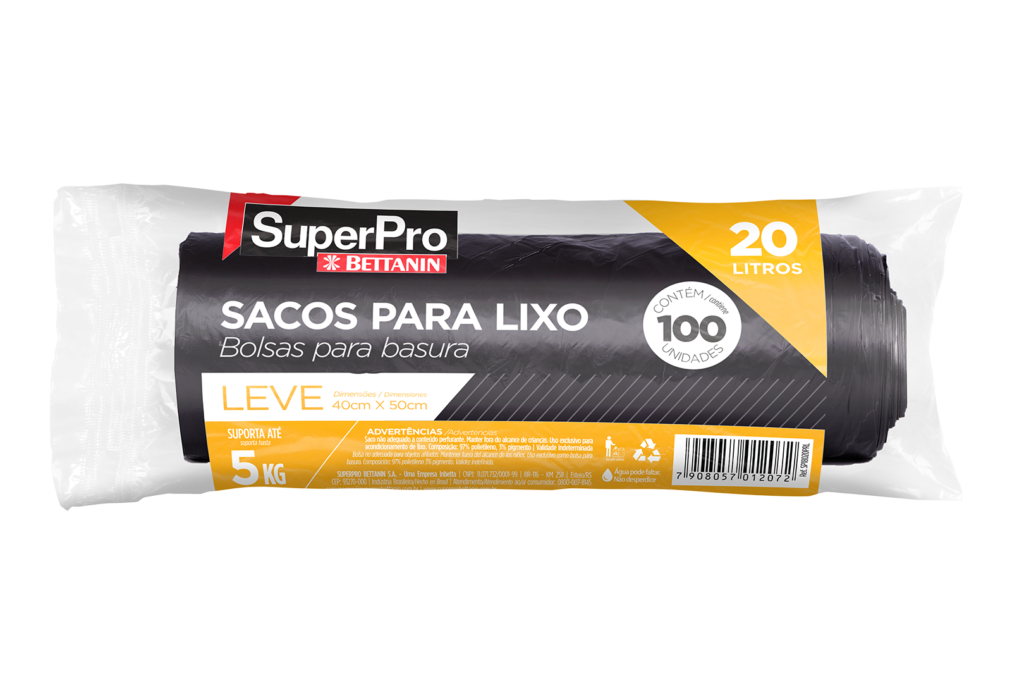 SuperPro Portugal | SuperPro Portugal SuperPro Portugal SACO PARA LIXO 20L LEVE SACO PARA LIXO 20L LEVE SACO PARA LIXO 20L LEVE Os Sacos para Lixo da SuperPro destacam-se por serem produzidos com matéria-prima virgem, garantindo maior resistência, qualidade e segurança no manuseio dos descartes. Com capacidade de 20L, o saco tem capacidade de resistencia de 5Kg Ideal para uso institucional. FICHA TÉCNICA DUN 17908057012079 EAN 7908057012072 MATERIA-PRIMA PEAD, PIGMENTO MICRAS 20 MICRAS ( 10 POR PAREDE) DIMENSÕES DO PRODUTO 40 X 50 CM LITRAGEM 20L QUANTIDADE POR ROLO 100 UNIDADES POR ROLO CUBAGEM 772,2 APLICAÇÃO ARMAZENAGEM DE LIXO PALETIZAÇÃO 13 X 11 ( LASTRO x ALTURA) VALIDADE INDETERMINADA CARGA DE LEVANTAMETNO 5KG DIMENSÃO DA PEÇA 22 X 7 X 7 PESO LÍQUIDO PEÇA 0,388 KG PESO BRUTO 0,408 KG NCM 39.23.21.90 DIMENSÃO DA EMBALAGEM 30 X 22X 13 | 157 Rolo de sacos pretos para resíduos de 20 litros SuperPro Bettanin, referência SP18020PRL