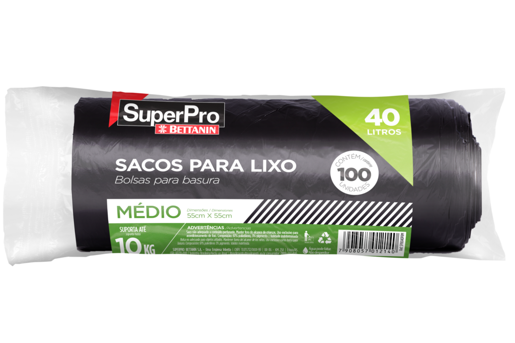 SuperPro Portugal | SuperPro Portugal SuperPro Portugal SACO PARA LIXO 40L MEDIO SACO PARA LIXO 40L MEDIO SACO PARA LIXO 40L MÉDIO Os Sacos para Lixo da SuperPro destacam-se por serem produzidos com matéria-prima virgem, garantindo maior resistência, qualidade e segurança no manuseio dos descartes. Com capacidade de 40L, o saco tem capacidade de resistência de 10Kg Ideal para uso institucional. DUN 17908057012147 EAN 7908057012140 MATERIA PRIMA PEAD, PIGMENTO MICRAS 23 MICRAS ( 11,5 POR PAREDE) DIMENSÕES DO PRODUTO 0,55 X 0,55M LITRAGEM 40L QUANTIDADE POR ROLO 100 UNIDADES POR ROLO CUBAGEM 980 APLICAÇÃO ARMAZENAGEM DE LIXO PALETIZAÇÃO 13 X 10 VALIDADE INDETERMINADA CARGA DE LEVANTAMENTO 10KG DIMENSÃO DA PEÇA 22 X 8 X 8 PESO LIQUIDO PEÇA 0,603 PESO BRUTO 0,623 NCM 3923.21.90 DIMENSÃO DA EMBALAGEM 36 X 22 X 15 | 156 Rolo de sacos pretos para resíduos de 40 litros SuperPro Bettanin, referência SP18040PRM