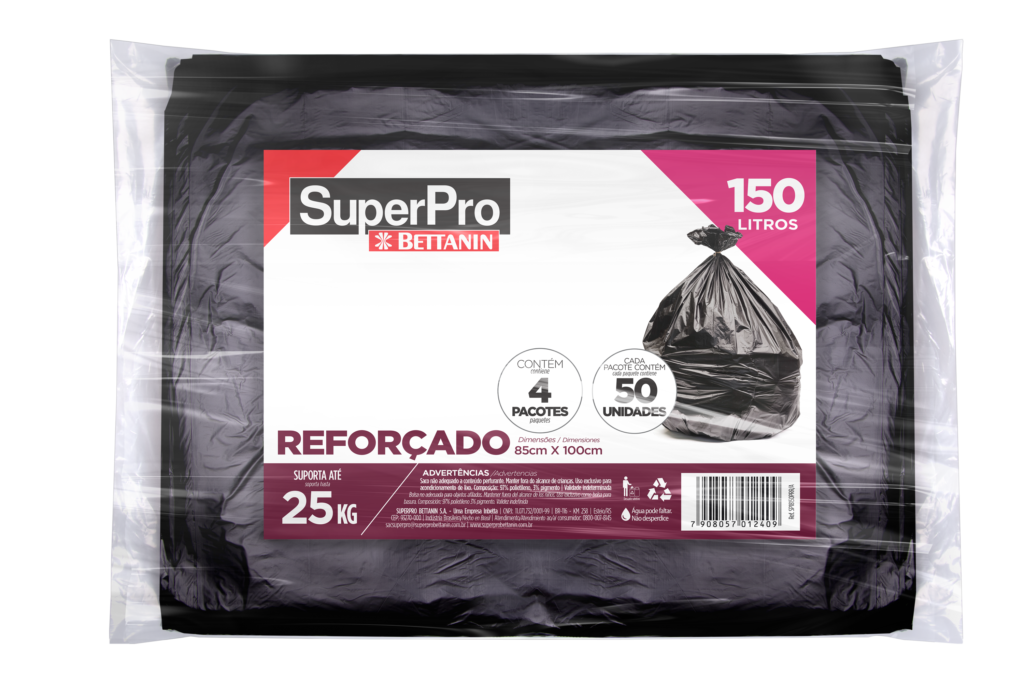 SuperPro Portugal | SuperPro Portugal SuperPro Portugal SACO PARA LIXO ALMOFADA 150L REFORCADO SACO PARA LIXO ALMOFADA 150L REFORCADO SACO PARA LIXO ALMOFADA 150L REFORÇADO Os Sacos para Lixo da SuperPro destacam-se por serem produzidos com matéria-prima virgem, garantindo maior resistência, qualidade e segurança no manuseio dos descartes. Com capacidade de 150L, o saco tem capacidade de resistência de 25Kg Ideal para uso institucional. | 155 Fardo de sacos pretos reforçados para resíduos de 150 litros SuperPro Bettanin, referência SP18150PRA
